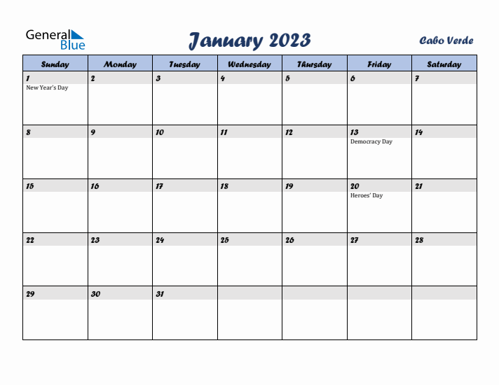 January 2023 Calendar with Holidays in Cabo Verde