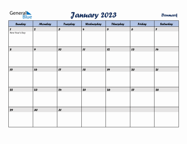 January 2023 Calendar with Holidays in Denmark