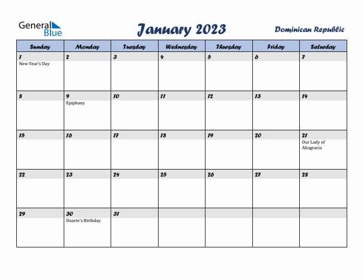 January 2023 Calendar with Holidays in Dominican Republic