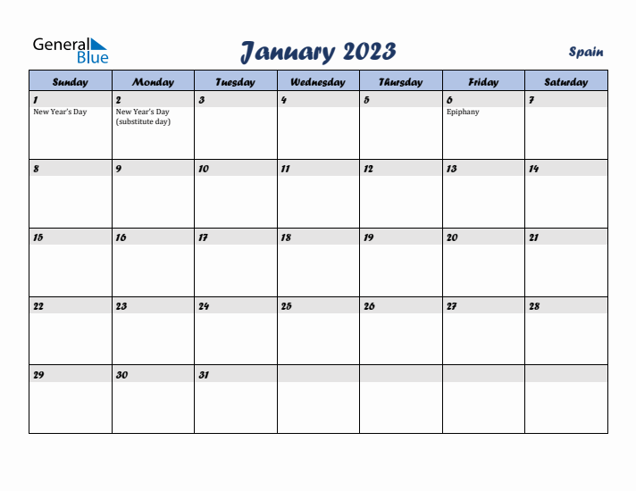 January 2023 Calendar with Holidays in Spain