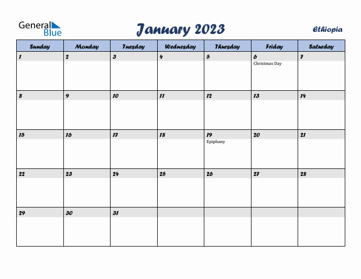 January 2023 Calendar with Holidays in Ethiopia