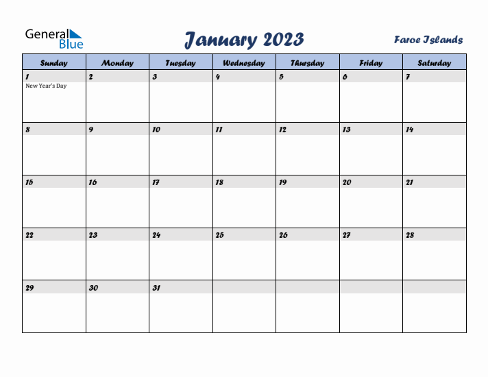 January 2023 Calendar with Holidays in Faroe Islands