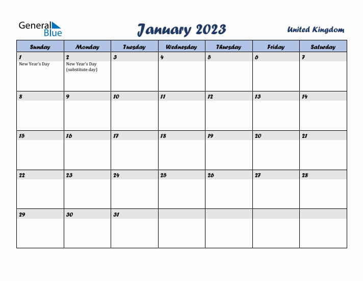 January 2023 Calendar with Holidays in United Kingdom