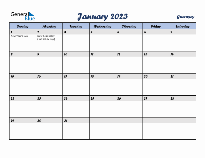 January 2023 Calendar with Holidays in Guernsey