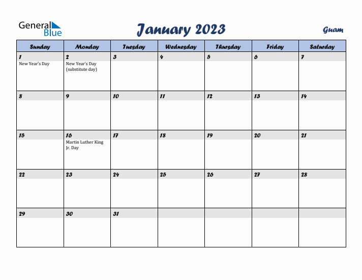 January 2023 Calendar with Holidays in Guam