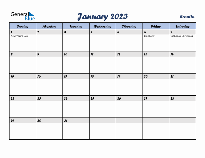 January 2023 Calendar with Holidays in Croatia