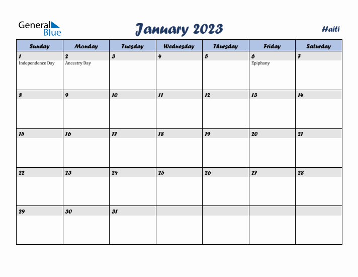 January 2023 Calendar with Holidays in Haiti
