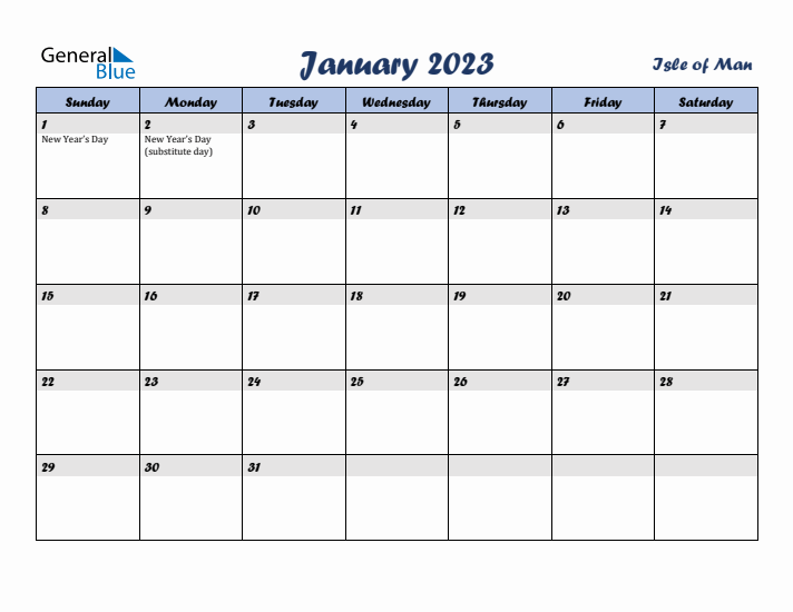 January 2023 Calendar with Holidays in Isle of Man