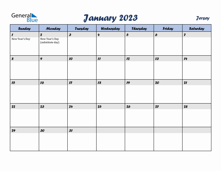 January 2023 Calendar with Holidays in Jersey