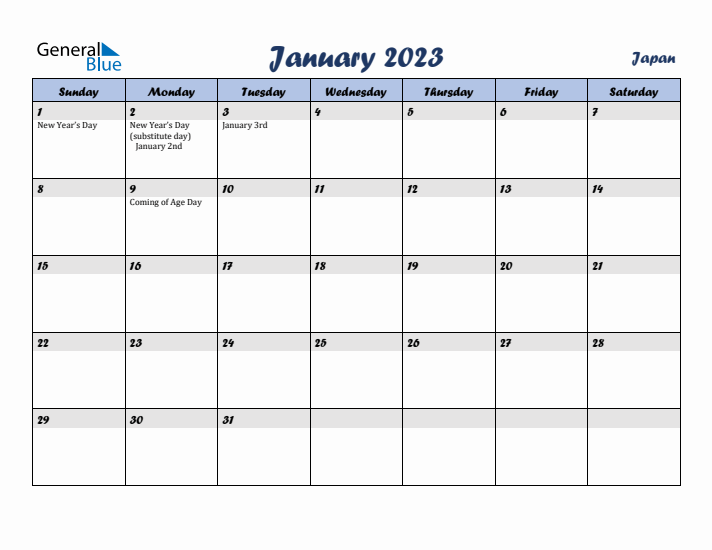 January 2023 Calendar with Holidays in Japan
