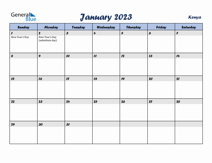 January 2023 Calendar with Holidays in Kenya