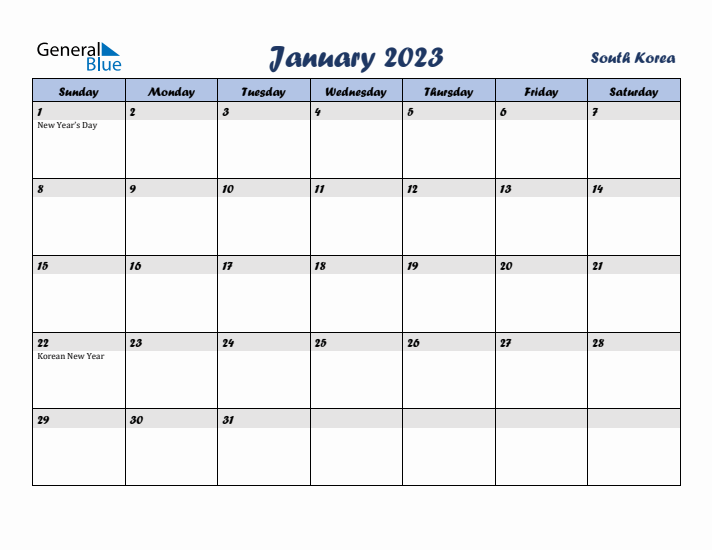 January 2023 Calendar with Holidays in South Korea