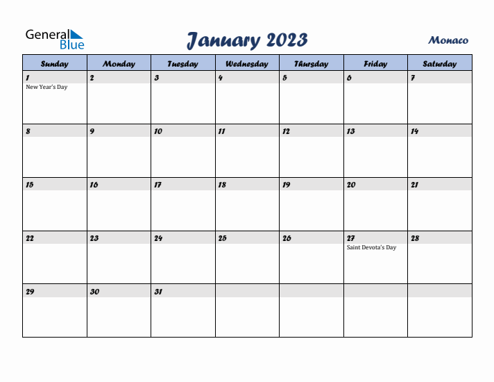 January 2023 Calendar with Holidays in Monaco