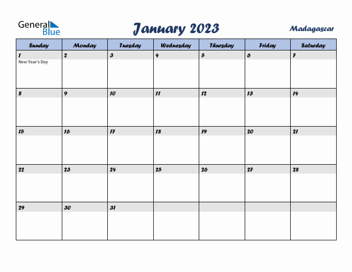 January 2023 Calendar with Holidays in Madagascar