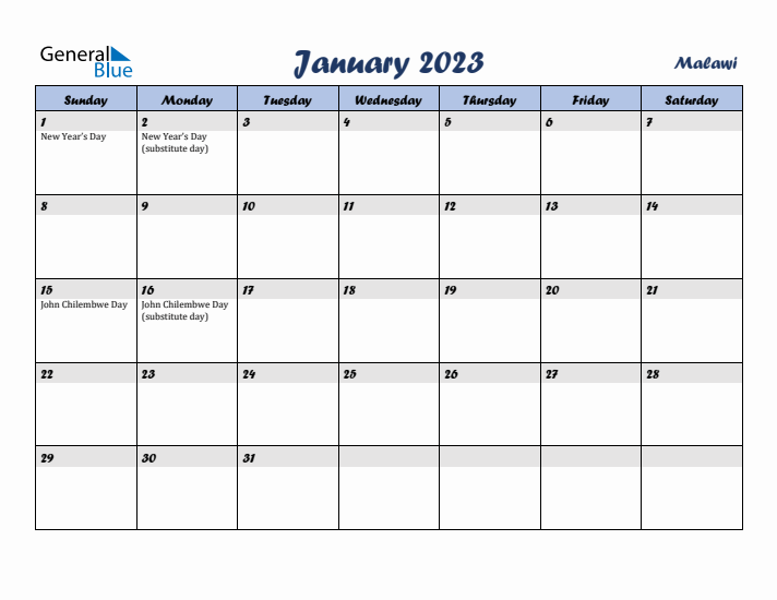 January 2023 Calendar with Holidays in Malawi