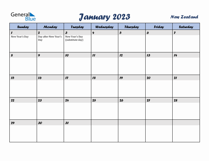 January 2023 Calendar with Holidays in New Zealand