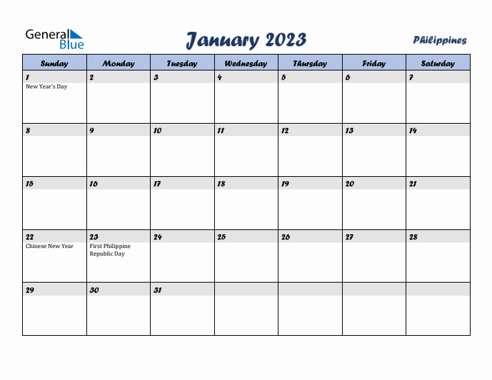 January 2023 Calendar with Holidays in Philippines
