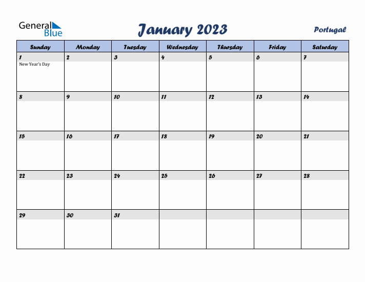 January 2023 Calendar with Holidays in Portugal