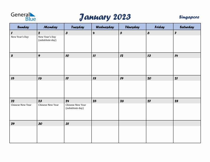 January 2023 Calendar with Holidays in Singapore