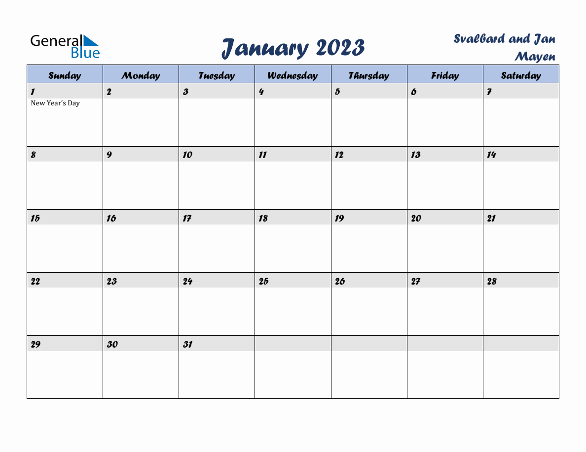January 2023 Monthly Calendar Template With Holidays For Svalbard And
