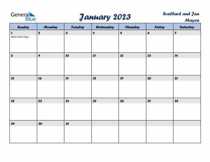 January 2023 Calendar with Holidays in Svalbard and Jan Mayen