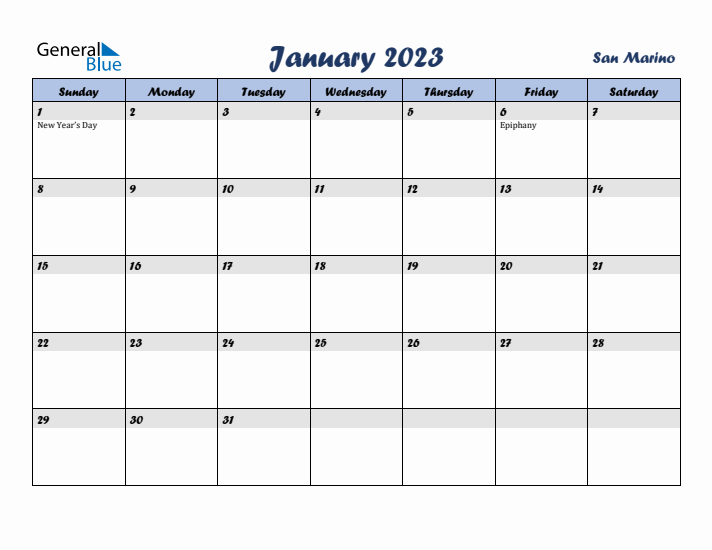 January 2023 Calendar with Holidays in San Marino