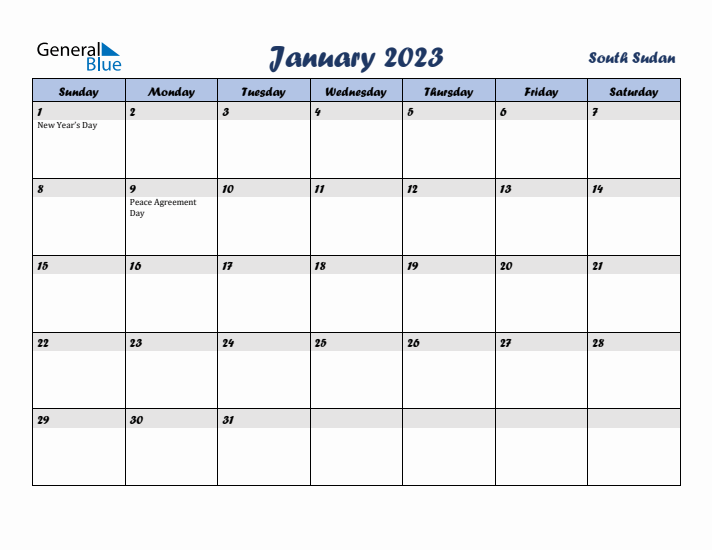 January 2023 Calendar with Holidays in South Sudan