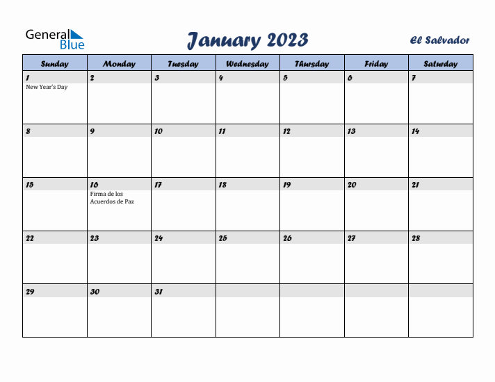 January 2023 Calendar with Holidays in El Salvador