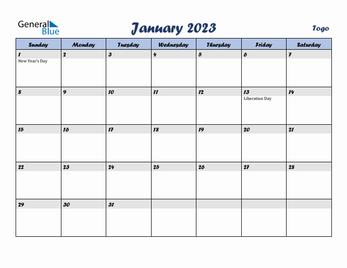 January 2023 Calendar with Holidays in Togo