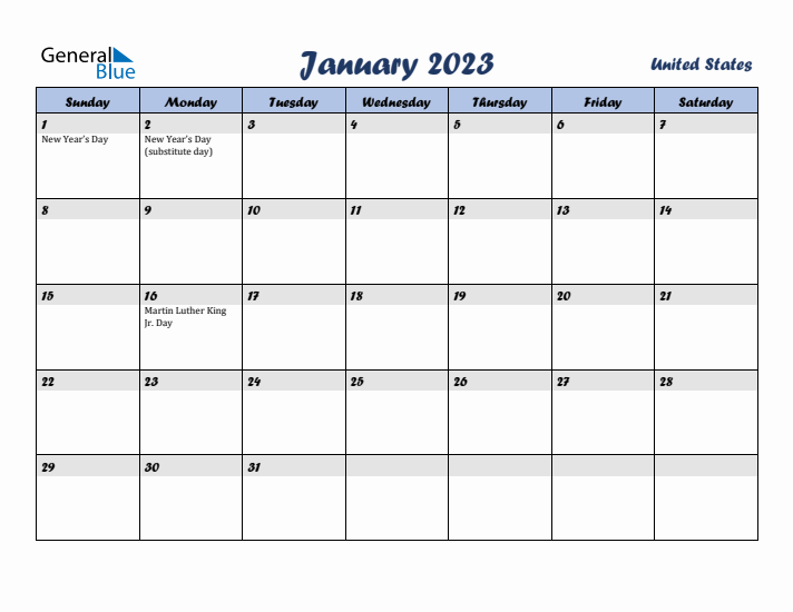 January 2023 Calendar with Holidays in United States