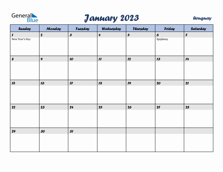 January 2023 Calendar with Holidays in Uruguay