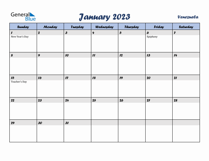 January 2023 Calendar with Holidays in Venezuela