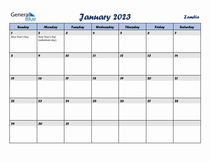 January 2023 Calendar with Holidays in Zambia