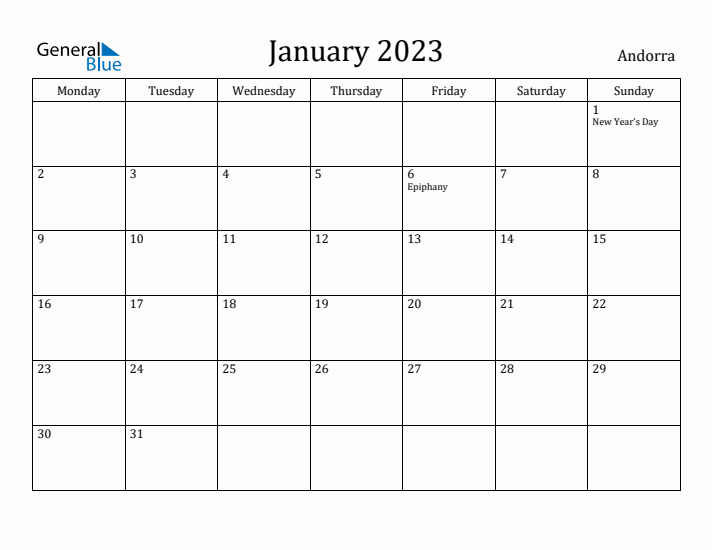 January 2023 Calendar Andorra