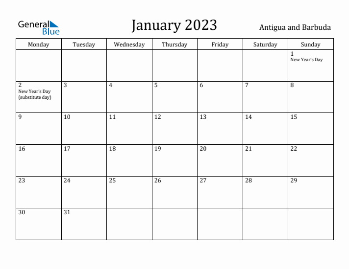 January 2023 Calendar Antigua and Barbuda
