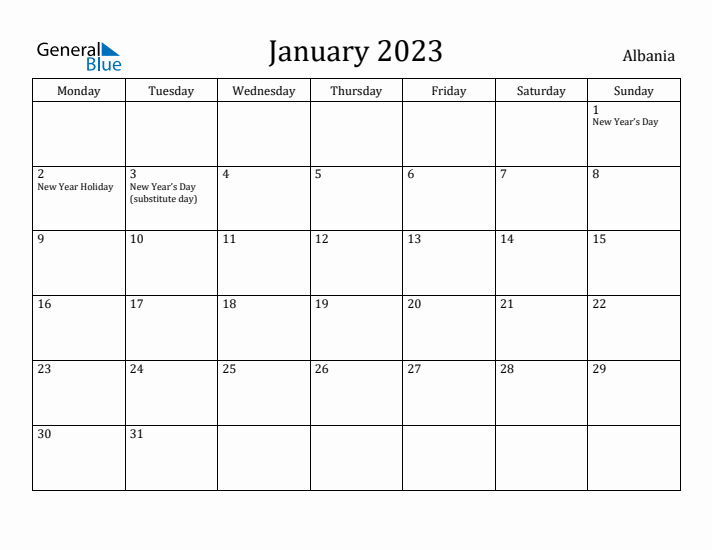 January 2023 Calendar Albania
