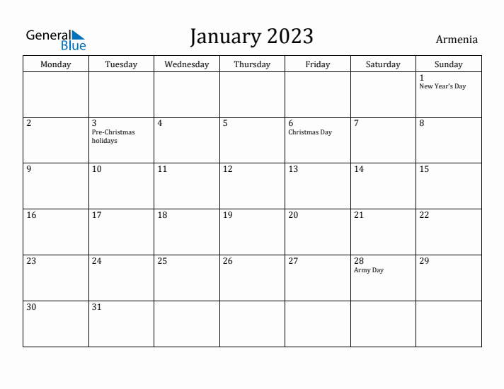January 2023 Calendar Armenia