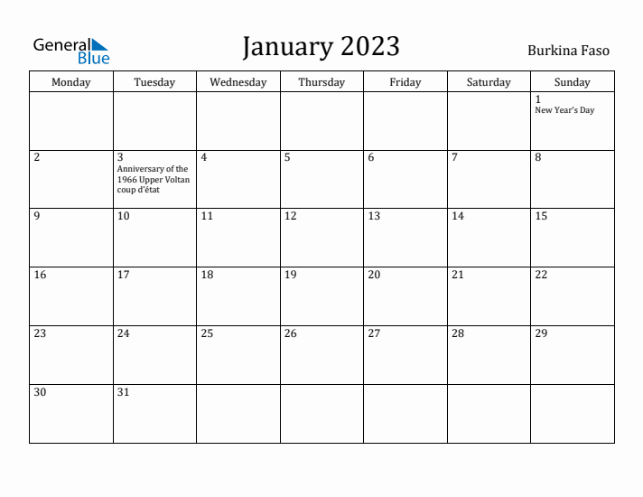 January 2023 Calendar Burkina Faso