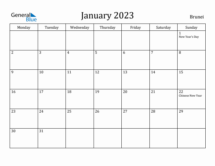 January 2023 Calendar Brunei