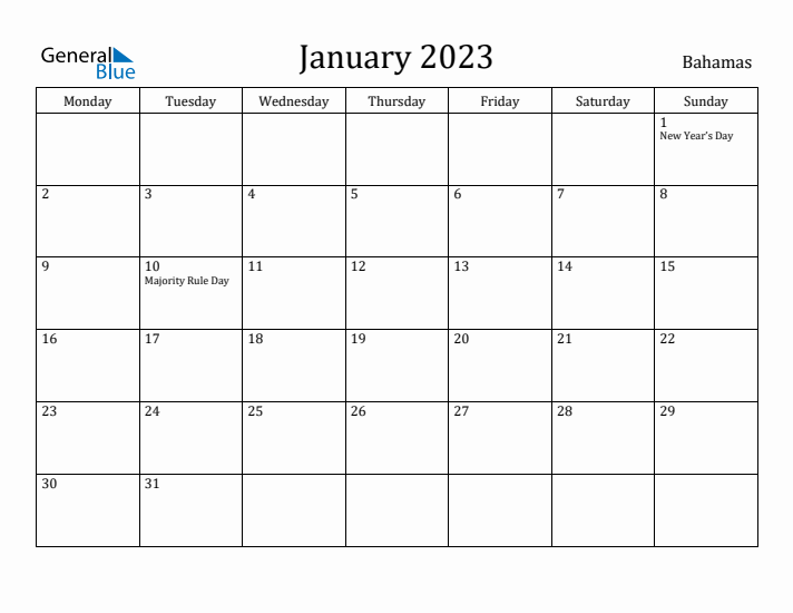 January 2023 Calendar Bahamas