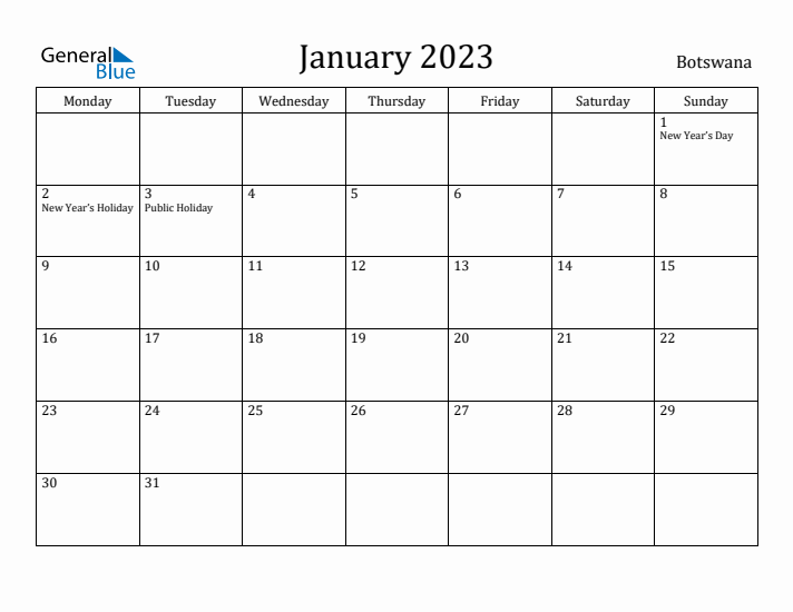 January 2023 Calendar Botswana