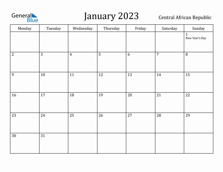 January 2023 Calendar Central African Republic