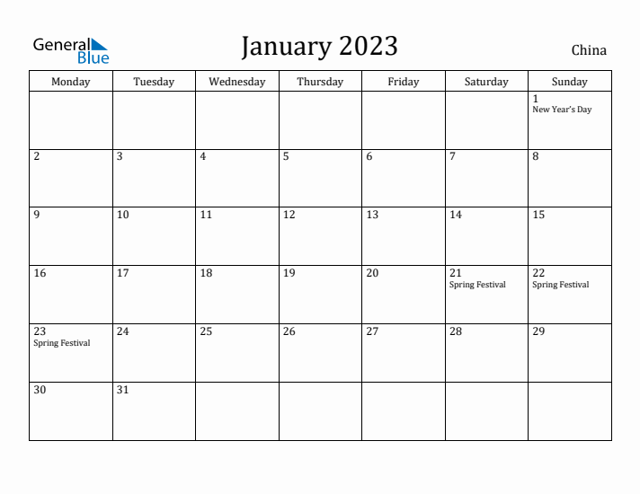 January 2023 Calendar China