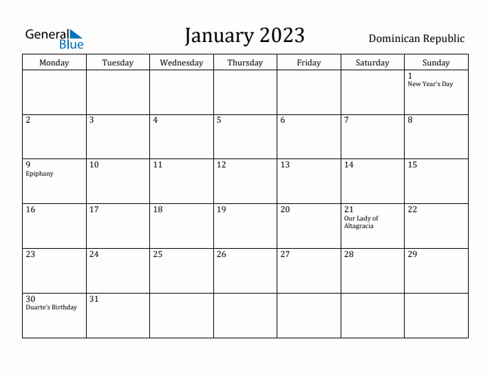 January 2023 Calendar Dominican Republic