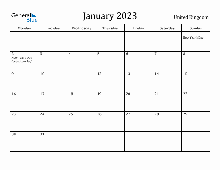 January 2023 Calendar United Kingdom