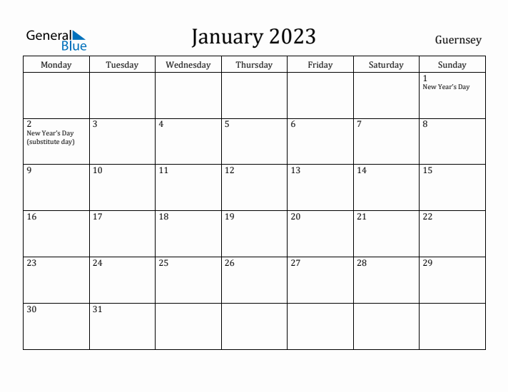 January 2023 Calendar Guernsey