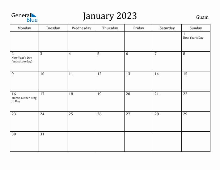 January 2023 Calendar Guam