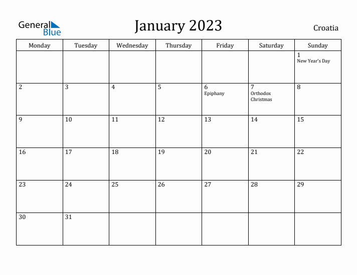 January 2023 Calendar Croatia
