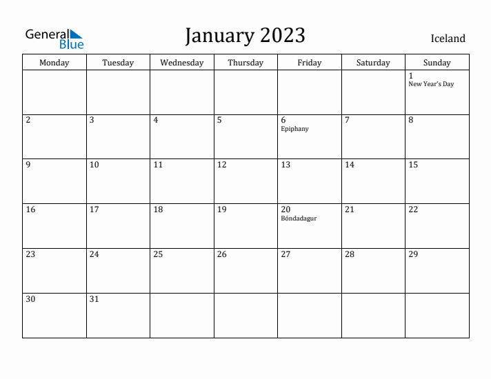 January 2023 Calendar Iceland