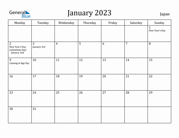 January 2023 Calendar Japan